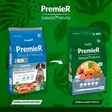 Nova embalagem Racao Premier Selecao Natural Caes Filhotes Frango com Batata Doce